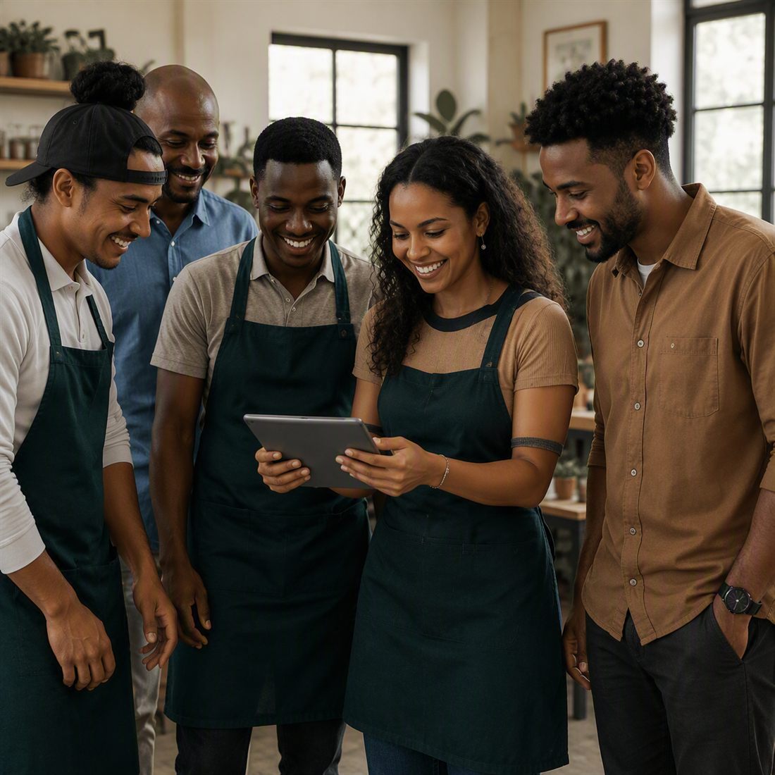 A team of local business owners looking at a tablet together